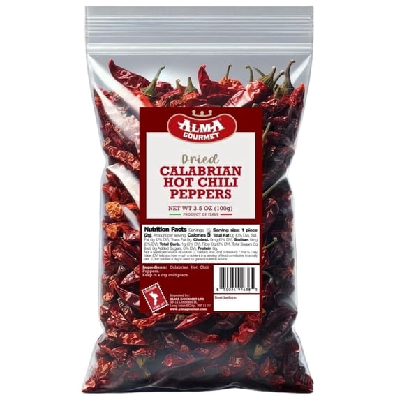 Alma Gourmet Whole Dried Calabrian Red Hot Chili Peppers - Peperoncino Secco Calabrese, Gluten Free, No Allergens, Imported from Italy, 3.5 Oz (100 G)