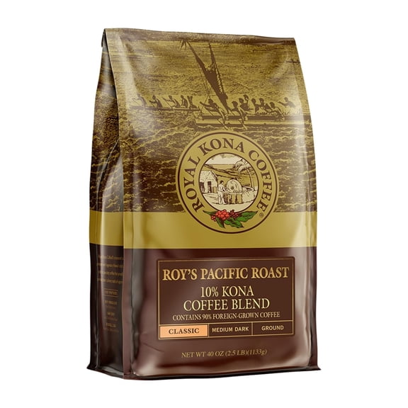 Royal Kona Coffee Medium Dark Roast Ground Coffee, Roy's Pacific Roast, 40 oz