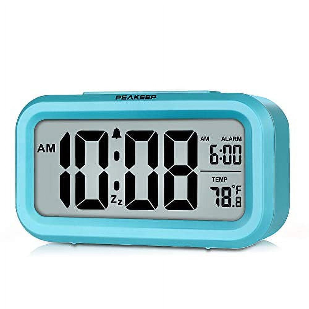 Blue Digital Alarm Clock with Indoor Temperature Display