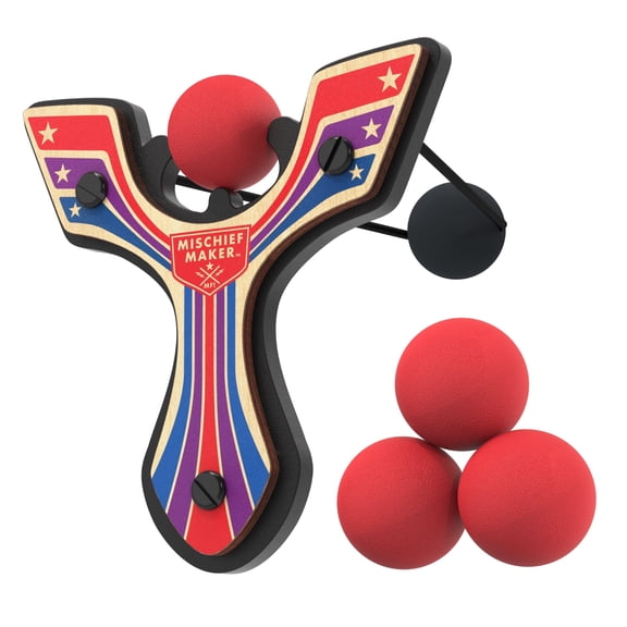 Mighty Fun Mischief Maker Racing Red Wooden Slingshot Toy with Soft Foam Balls