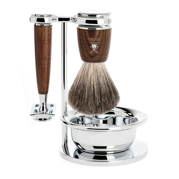 MÜHLE RYTMO 4 Pc. Shaving Set, Pure Badger Brush & Safety Razor, Steamed Ash