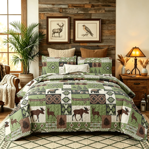 Beartech Quilt Set Queen Size Rustic Bedding Green Plaid Quilt Forest Moose Bear Bedding Lodge Cabin Bedspread Coverlet Lightweight Reversible Microfiber Quilt