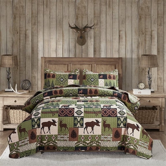 Beartech Quilt Set Queen Size Rustic Bedding Green Plaid Quilt Forest Moose Bear Bedding Lodge Cabin Bedspread Coverlet Lightweight Reversible Microfiber Quilt
