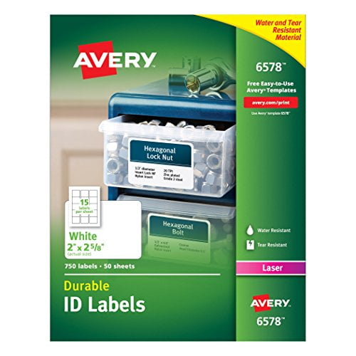 Avery Permanent Durable I.D Labels for Laser Printers, 2 x 2.625-Inches, White, Pack of 750 (6578)