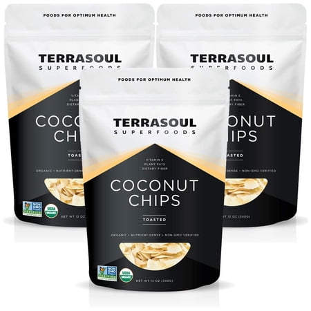 Terrasoul Superfoods Organic Toasted Coconut Chips, 2.25 Lbs (12 Oz 3-Pack) - Unsweetened | Unsalted | Perfectly Toasted Coconut