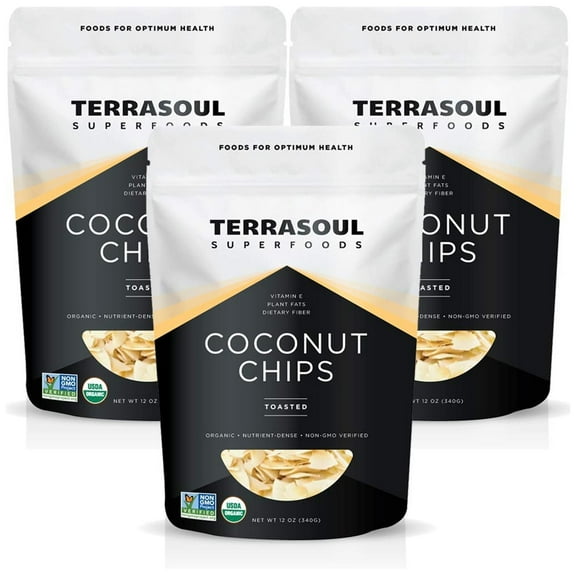 Terrasoul Superfoods Organic Toasted Coconut Chips, 2.25 Lbs (12 Oz 3-Pack) - Unsweetened | Unsalted | Perfectly Toasted Coconut