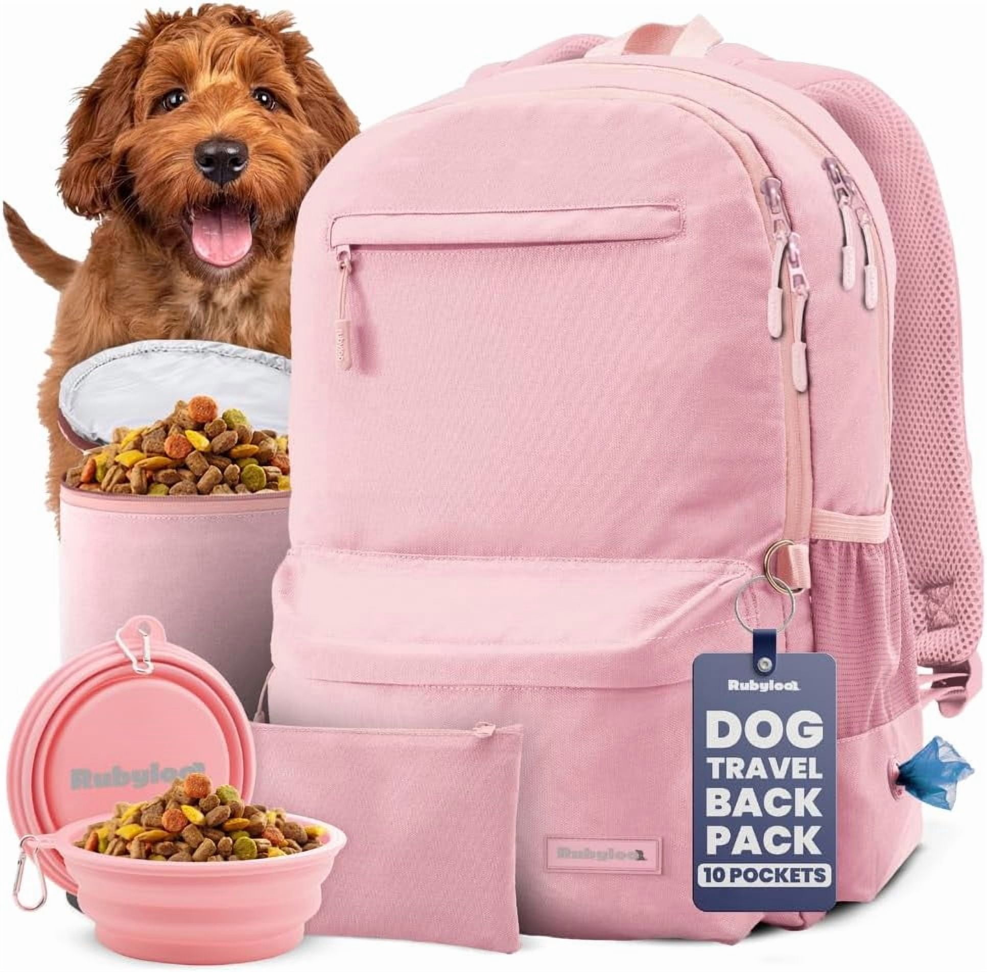 Dog Travel Bag for Supplies - Backpack with 2 Collapsible Dog Bowls, Food Bag, Treat Pouch: Dusty Pink