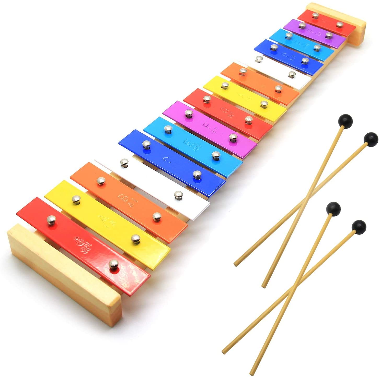 CELEMOON Natural Wooden Toddler Xylophone Glockenspiel For Kids with Multi-Colored Metal Bars Included Two Sets of Child-Safe Wooden Mallets (15-tone) 15-tone