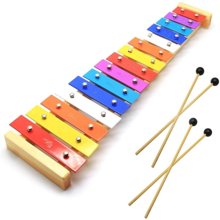 CELEMOON Natural Wooden Toddler Xylophone Glockenspiel For Kids with Multi-Colored Metal Bars Included Two Sets of Child-Safe Wooden Mallets (15-tone) 15-tone
