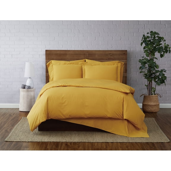 Brooklyn Loom Classic Cotton 200 Thread Count Solid 100% Cotton Percale 3-Piece King Duvet Set in Mustard, Cotton , Adult, All Season, OEKO-TEX Certified