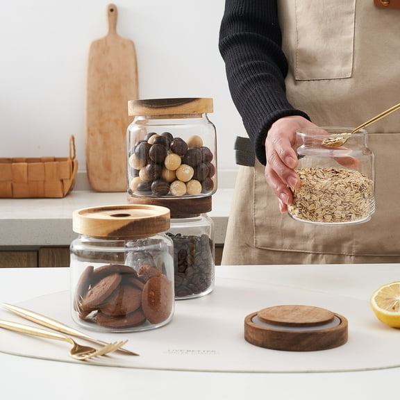 KMwares Set of 3 Clear Glass Food Jars/Canisters with Airtight Seal Acacia Wood Lids for Kitchen/Bathroom/Pantry Storage, Serving Pasta, Candy, Snack, Leaf Tea, Coffee Bean, Dry food