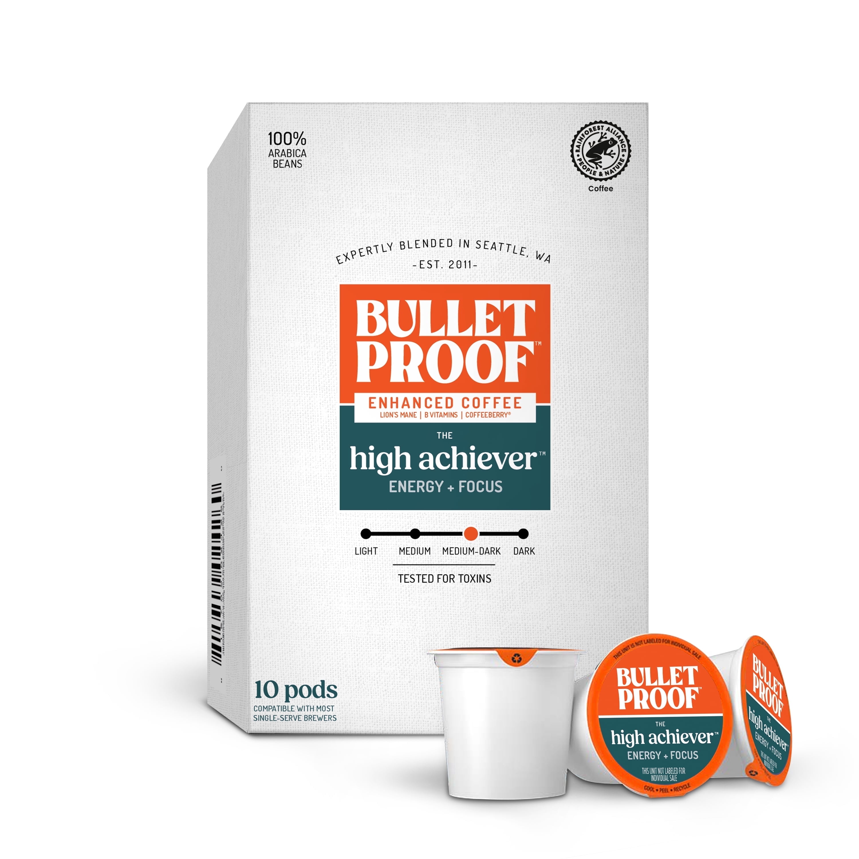 Bulletproof The High Achiever Single-Serve Pods, 10 count, Medium-Dark Roast Enhanced Coffee with Lion's Mane Mushroom, B Vitamins, and Adaptogens for Energy an