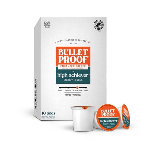 Bulletproof The High Achiever Single-Serve Pods, 10 count, Medium-Dark Roast Enhanced Coffee with Lion's Mane Mushroom, B Vitamins, and Adaptogens for Energy and Focus