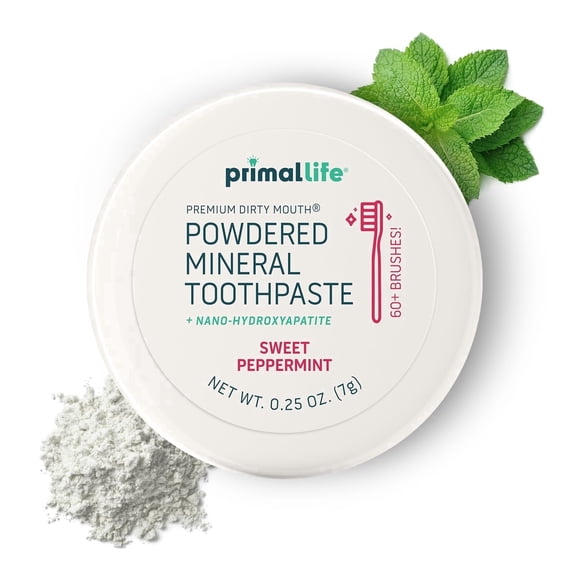 Primal Life Organics Dirty Mouth Toothpowder, Sweet Peppermint, 0.25 oz, Natural Tooth Cleaning Powder, Fluoride-Free, Vegan Oral Care
