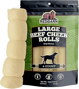 Redbarn Large Beef Cheek Rolls for Dogs, Uncoated - Long Lasting Natural Chew - 4 Count