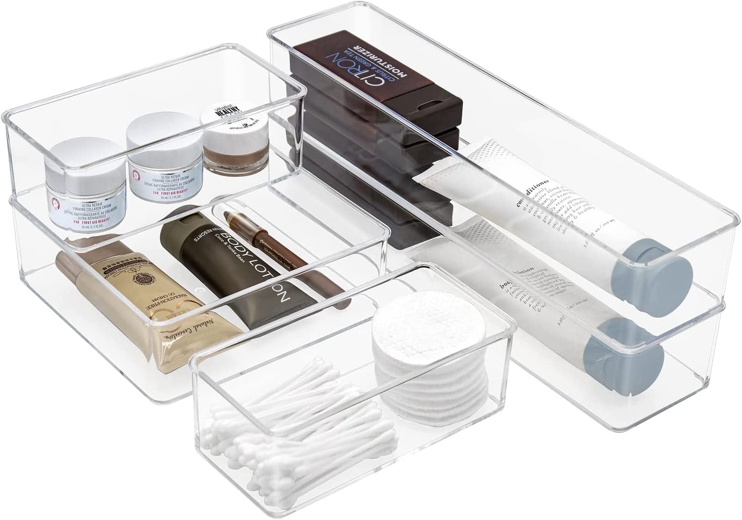 Sorbus 5-Piece Clear Drawer Storage Bins Organizer Set for Makeup, Office Supplies, Bathroom, Kitchen, and More