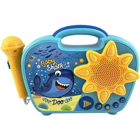 Baby Shark Sing Along Boombox with Microphone Built in Music Flashing Lights Real Working Mic Connects to MP3 Player Storage Compartment in Back for Audio Device