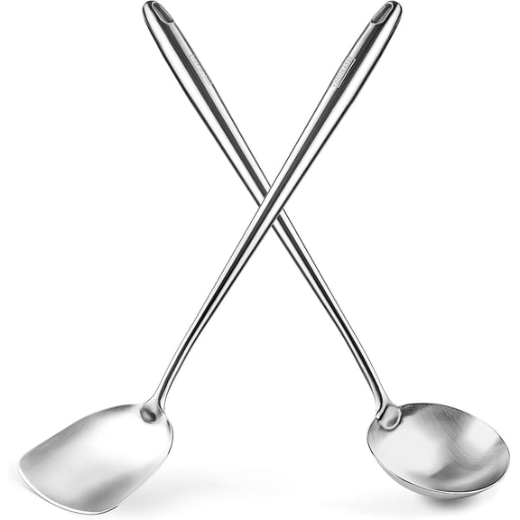 YOSUKATA 17" Wok Spatula and Ladle - Set of 2 Heat-Resistant Stainless Steel Wok Tools - Universal Cooking Utensils - Dishwasher Safe Wok Accessories