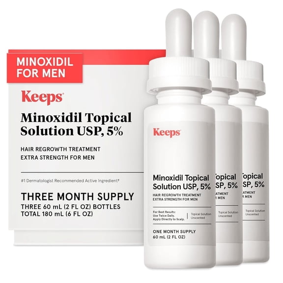 Keeps Extra Strength Minoxidil for Men - 5% Minoxidil Hair Growth Serum - Hair Loss & Regrowth Treatment for Thinning & Bald Spots - Hair Growth Products - Unscented Topical Solution - 3x2 fl.oz