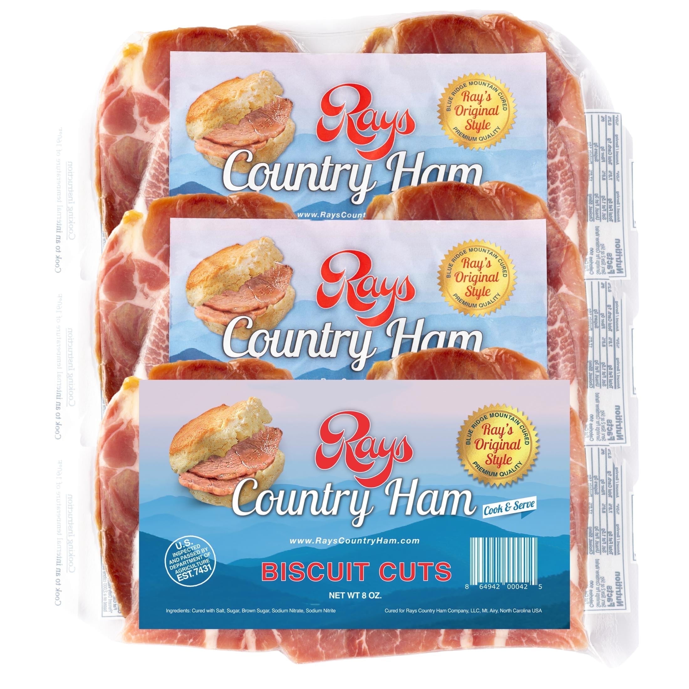 Rays Country Ham 1.5 lb Biscuit Cuts, Dry-Cured Sliced Ham, 3 Pack (8 oz Each), Vacuum-Sealed