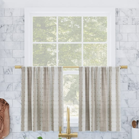 Archaeo 2-Pack Slub Texture Stripe Cotton Cafe Curtain Pair, 52"W X 36"L, Linen/White
