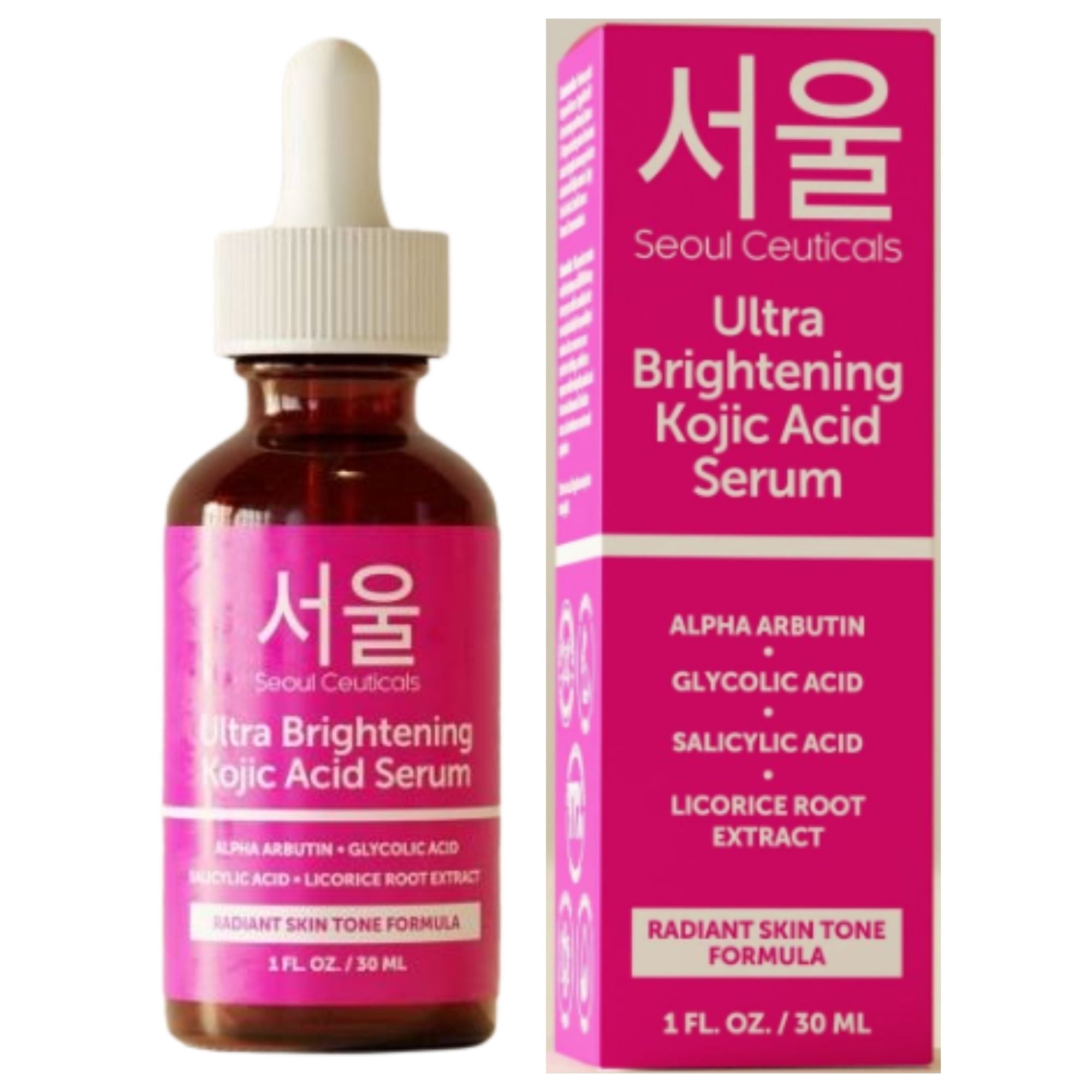 SeoulCeuticals Korean Skin Care Kojic Acid Serum Alpha Arbutin – Glycolic Acid + Salicylic Acid K Beauty 1oz