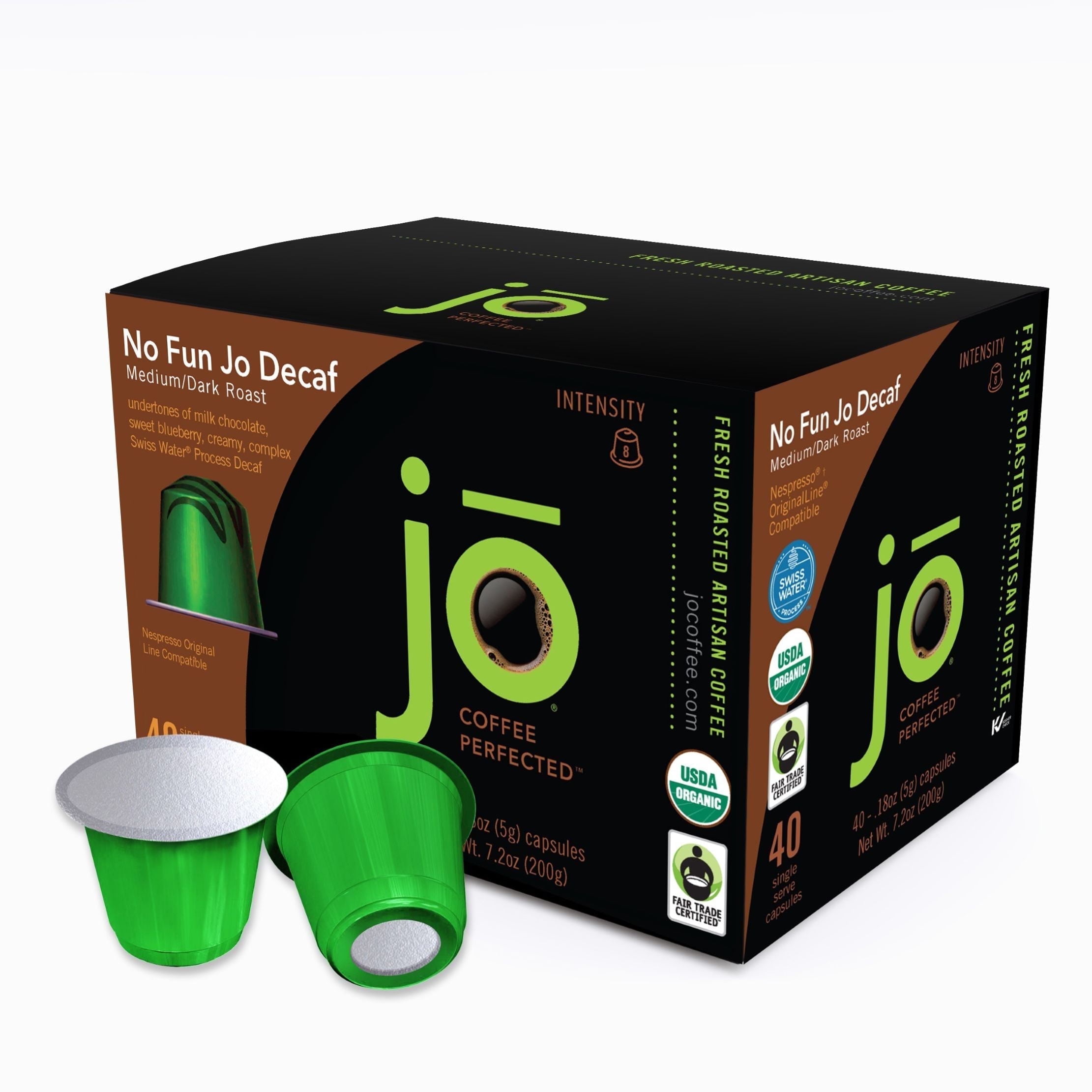 NO FUN JO DECAF: 40 Organic Nespresso Compatible Espresso Pods for Original Line Brewers, Medium/Dark Roast, Swiss Water Process Decaf, Fair Trade Certified, for Espresso, Ristretto or Lungo