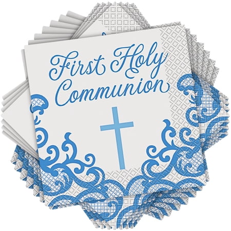 Fancy Blue Cross First Holy Communion Paper Lunch Napkins - 16 Pcs