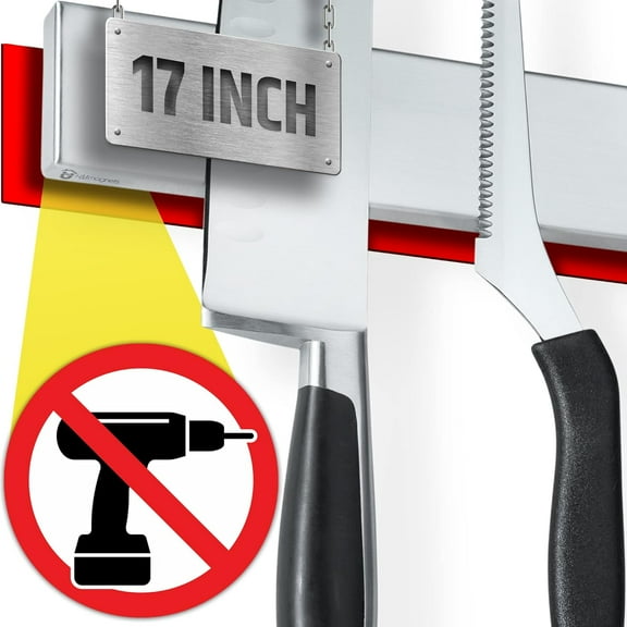 HMMAGNETS No-Drill Stainless Steel Magnetic Knife Holder for Wall with Strong Adhesive, 17”