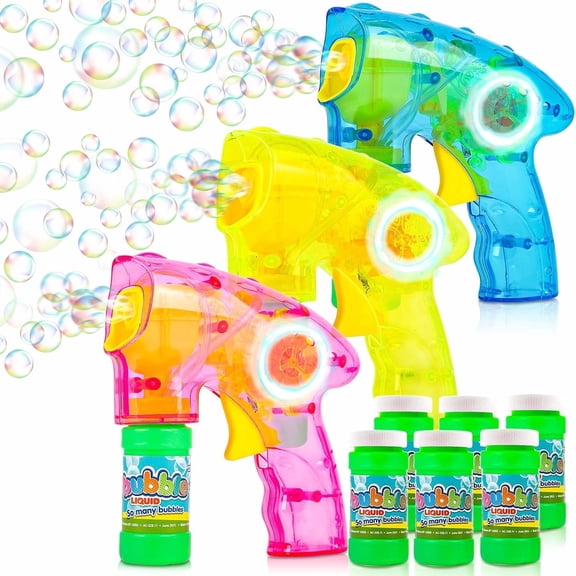 ArtCreativity Friction Powered LED Bubble Blaster Gun (No Batteries Needed) 3 Pack with 6 Bubble Fluids