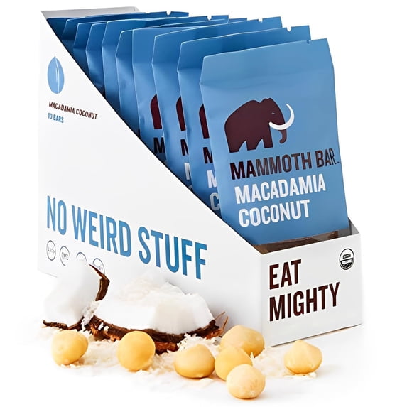 Mammoth Bar Organic Macadamia Coconut High Protein Bar – Clean Label, Gluten-Free, No Added Sugar, Non-GMO, 10 Count