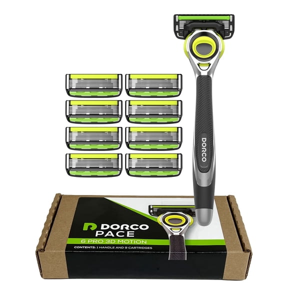 DORCO Pace 6 Pro Razor Blade 3D Motion Razor System - 9 Pack (1 Handle + 9 Cartridges)