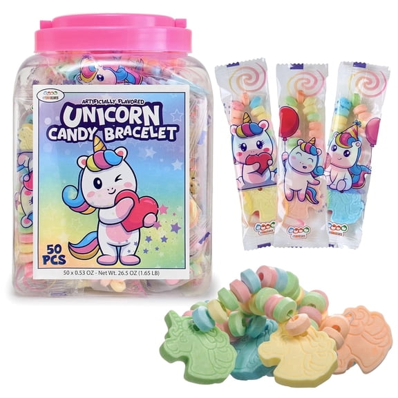 50 Unicorn Candy Bracelets, Individually Wrapped Candy Jewelry for your Unicorn Themed Party, Bulk Candy Perfect for Goody Bags, Party Favors and Birthdays, by 4YoreElves, Pack of 50 x 0.53oz