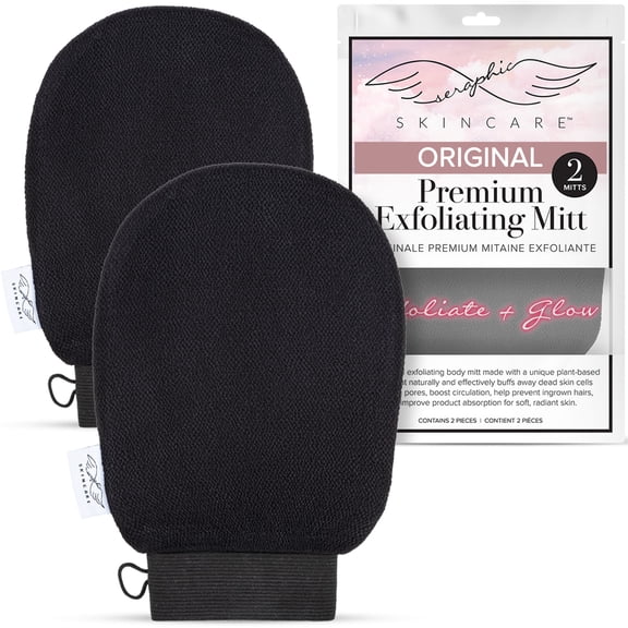 Seraphic Skincare (Original) Premium Exfoliating Mitt for Body (2pc) – 100% Vegan Viscose Traditional Body Scrub Glove Kessa Korean Washcloth – Body Exfoliator for Self-Tan Removal & Keratosis Pilari
