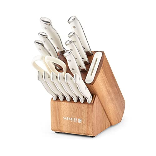 Sabatier Acacia Forged Triple Rivet Edgekeeper Knife Block Set, 15-Piece, White