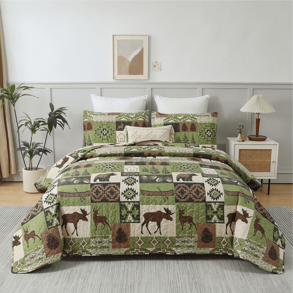 Beartech Quilt Set Queen Size Rustic Bedding Green Plaid Quilt Forest Moose Bear Bedding Lodge Cabin Bedspread Coverlet Lightweight Reversible Microfiber Quilt