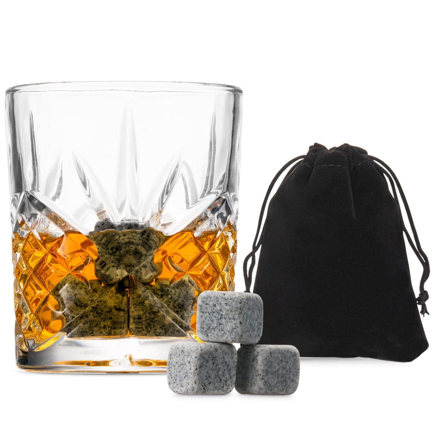 Godinger Whiskey Gift Set - Old Fashioned Glass & 6 Whiskey Stones With Pouch, Perfect Gift For Men