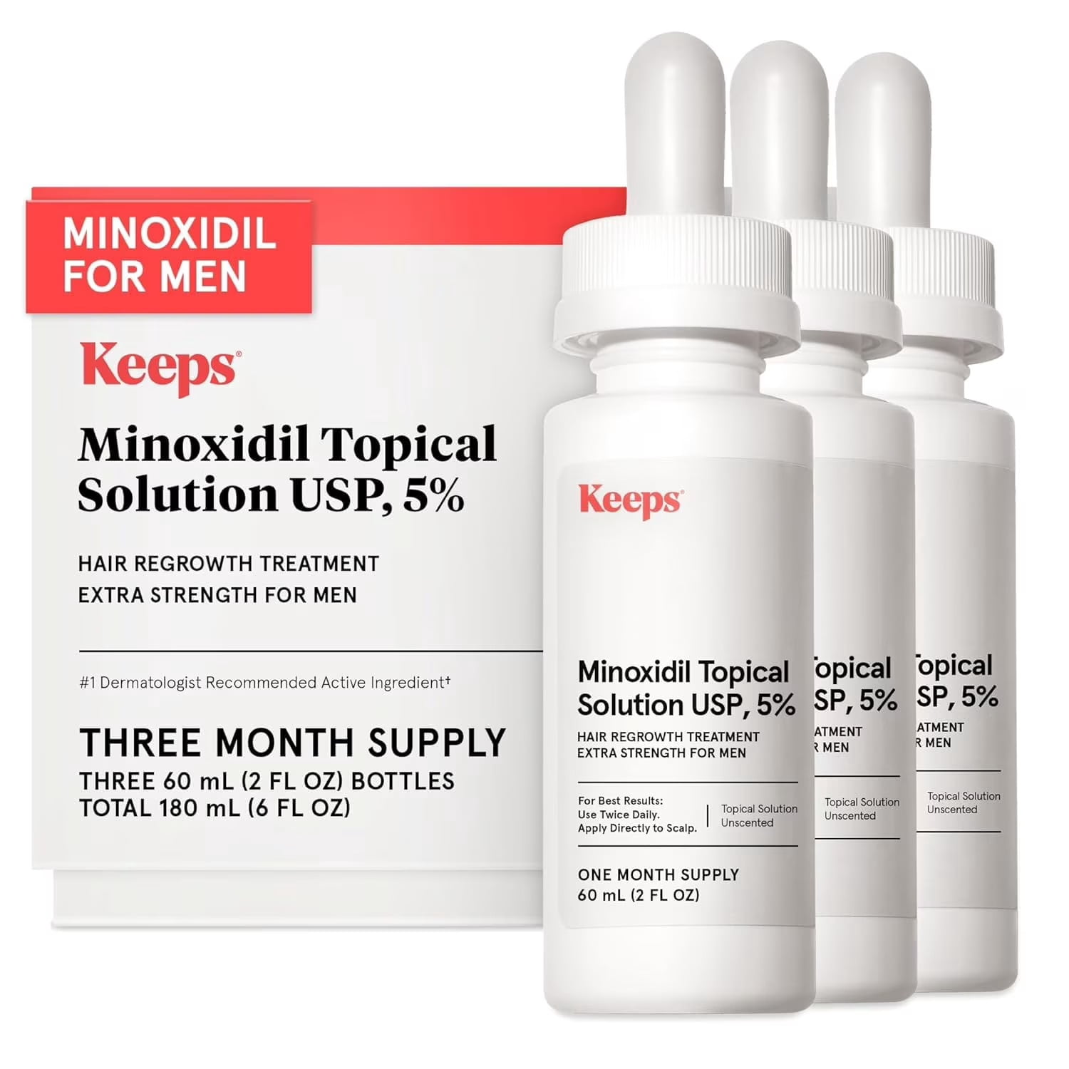 Keeps Minoxidil Solution 5% for Men - Topical Hair Regrowth - 3 Month Supply (3 x 2 fl oz Bottles)