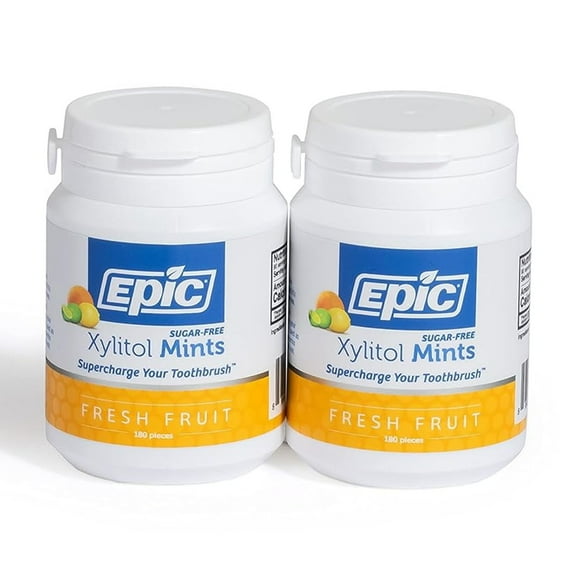 Epic Xylitol Mints - Sugar Free & Aspartame Free Mints Sweetened w/Xylitol for Dry Mouth & Gum Health (Fresh Fruit, 180-Piece Bottle, 2 Bottles)