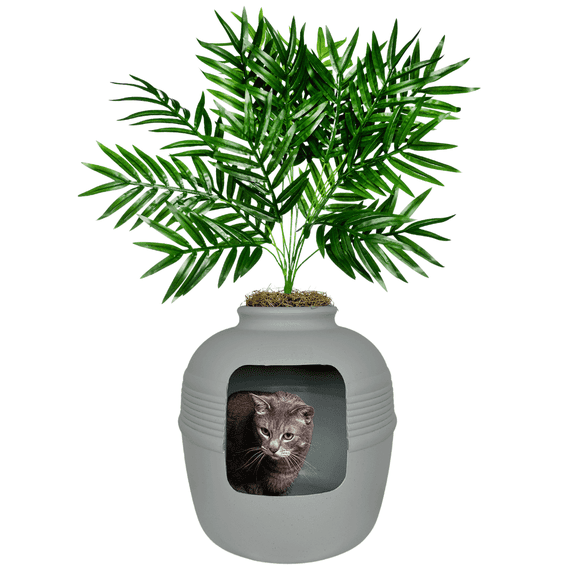 Good Pet Stuff Hidden Cat Litter Box Enclosure with Artificial Plant, Odor Filter System, Original Round Planter, Base Kit, Stone Gray