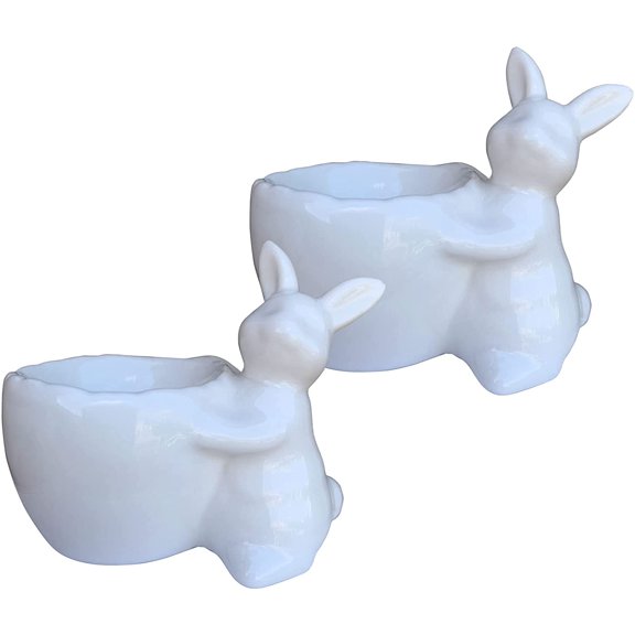 KiaoTime Easter Bunny Porcelain Egg Cup for Soft Hard Boiled Egg, Easter Bunny Tealight Candle Holder for Easter Spring Decoration Dinner Dinning Room Table Centerpiece D cor