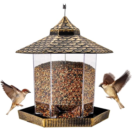 Twinkle Star Wild Bird Feeder Hanging for Garden Yard Outside Decoration, Hexagon Shaped with Roof Bronze
