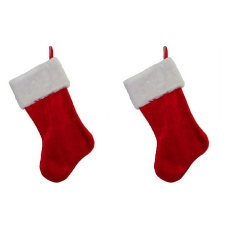 Set of Two 18" Red Velvet Christmas Stocking W/White Plush Cuff & Hanging Tag