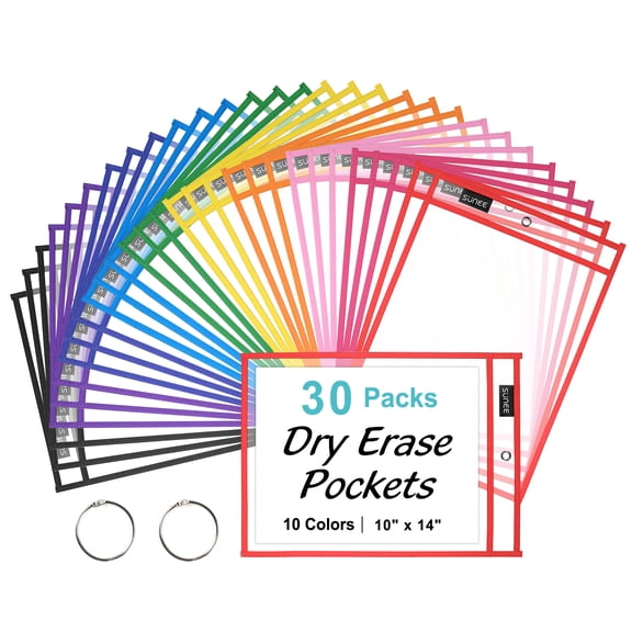 SUNEE 30 Packs Oversized Reusable Dry Erase Pocket Sleeves with 2 Rings, 10 Assorted Colors 10x14 Ticket Holders, Clear Plastic Sheet Protectors, Teacher School Classroom Supplies
