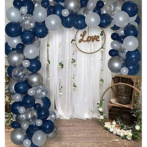 Balloon Arch kit Balloon Garland - Strong Thick Balloons, Metallic Silver, Light Grey, White&Clear/Chrome Confetti, Birthday Party Decor, Decorations 4 Parties, DIY Wedding Decorations (Navy