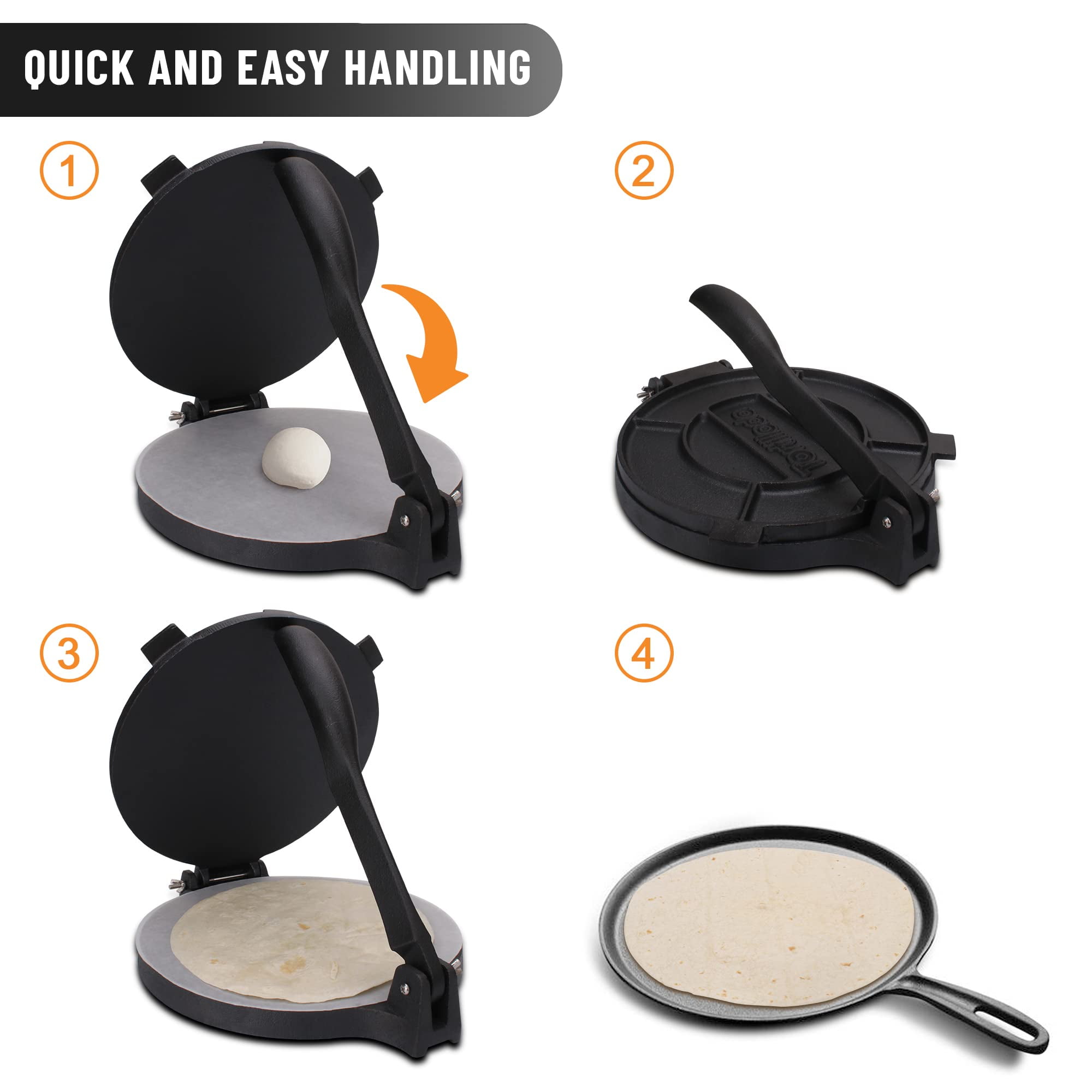 10-Inch Black Pre-Seasoned Cast Iron Tortilla Press with Parchment Paper