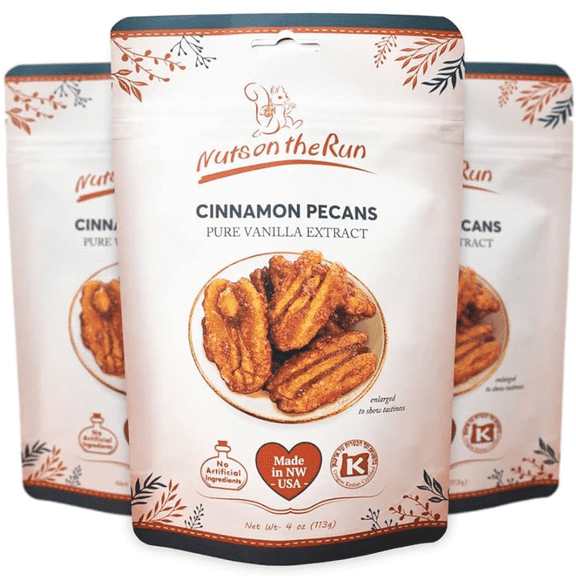 Nuts on the Run Cinnamon Pecans - Vegan, Kosher, Gluten-free, GMO-free - 4oz (PACK OF 3 BAGS), Vegan Pecan Pralines, Satisfaction Guarantee