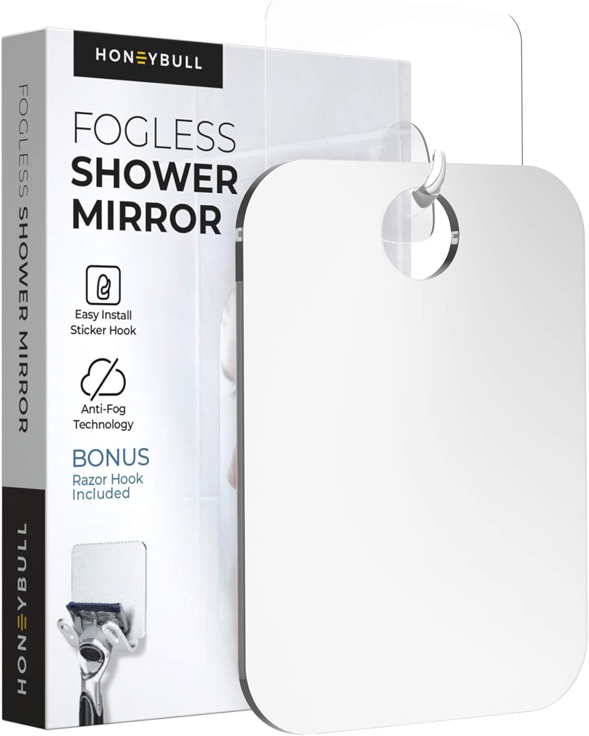 HONEYBULL Fogless Shower Mirror With Holder - Medium 6x8in Anti Fog Flat Mirror for Shaving and Bathroom