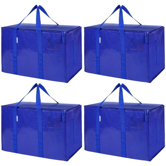 TICONN 4 Pack Extra Large Moving Bags with Zippers & Carrying Handles, Heavy-Duty Storage Tote for Space Saving Moving Storage (Blue)