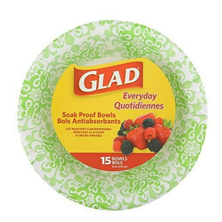 Glad Paper Bowls With Green Victorian Design, 15 Count | Disposable Paper Bowls for Parties and Picnics In Victorian Print | Microwave Safe Disposable Green and White Bowls